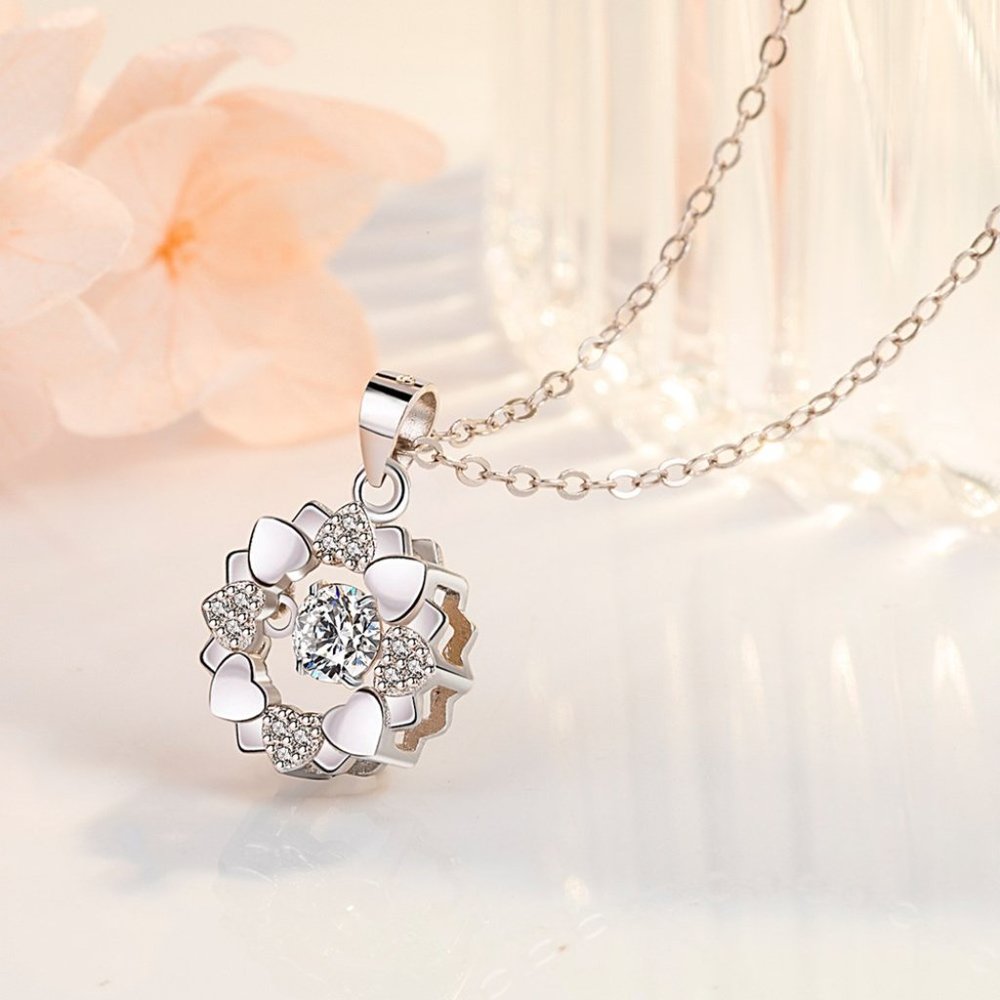 925 Sterling Silver Crystal Zircon Flower Rotating Necklace for Woman, K284